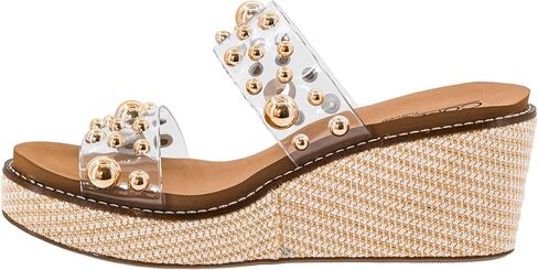 Corkys Footwear Look Whos Here صندل نسائي بكعب عريض - بكعب 2.5 بوصة، وحزام مزدوج مع زخارف، ونعل داخلي من مادة EVA، ونعل خارجي مغلف بالرافية in Kuwait