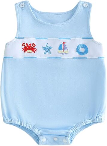 Baby Boy Summer Clothes Newborn Beach Outfit Ocean Animals Smocked Bubble Romper Sea Life Overall Bodysuit in Saudi Arabia