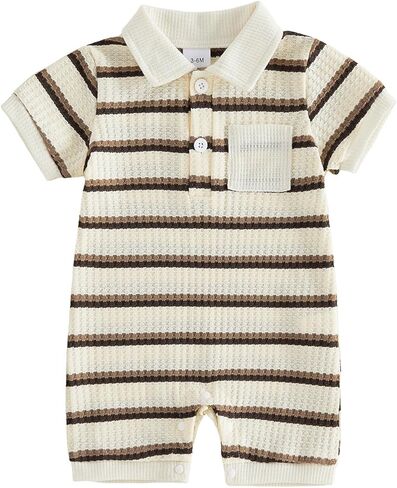 Infant Baby Boy Outfit Striped Print Lapel Collar Button Short Sleeve T Shirt Romper Newborn Jumpsuit Summer Clothes in Kuwait