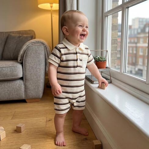 Infant Baby Boy Outfit Striped Print Lapel Collar Button Short Sleeve T Shirt Romper Newborn Jumpsuit Summer Clothes in Saudi Arabia
