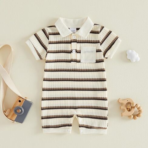 Infant Baby Boy Outfit Striped Print Lapel Collar Button Short Sleeve T Shirt Romper Newborn Jumpsuit Summer Clothes in Saudi Arabia