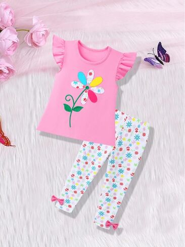 Girls 2 Piece Outfits, Flower Embroidery Ruffle Sleeve Top + Floral Leggings Set, Cute Casual Clothes for Girls 2-7 Years in Kuwait