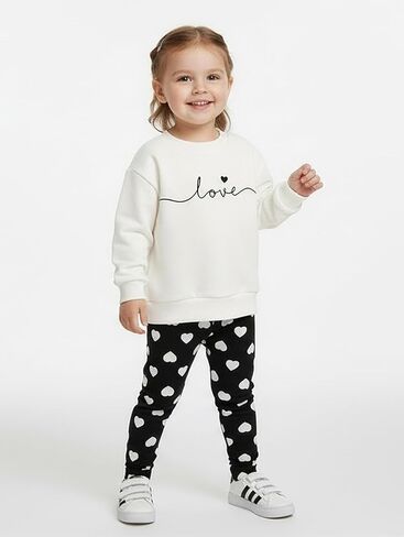 طفل الفتيات 2 قطعة طويلة الأكمام Crewneck بلوزات أعلى و القلب طباعة السراويل مجموعة ربيع الخريف الملابس وتتسابق ل 6M-3Y in Kuwait