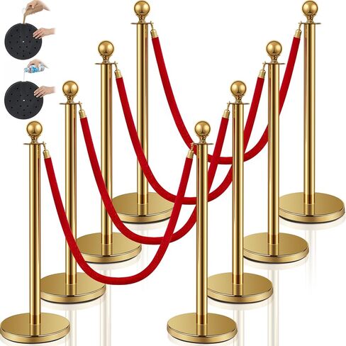 Stainless Steel Stanchion Post Queue 5 ft Red Velvet Rope Red Carpet Ropes and Poles Crowd Control Barriers Sand Injection Hollow Base and Velvet Ropes Set for Party Supplies (6 Pieces, Gold) in Kuwait