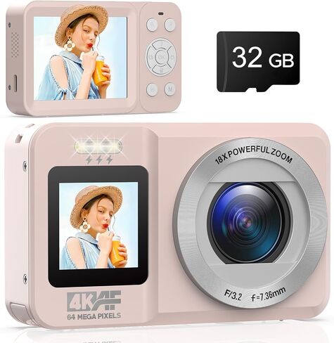 Digital Camera, 4K 64MP UHD Dual Screens Camera, 18X Digital Zoom, Portable Point and Shoot Camera with 32GB TF Card & Battery, Rechargeable Small Camera for Kids Teens Adult Beginner, Pink in Kuwait