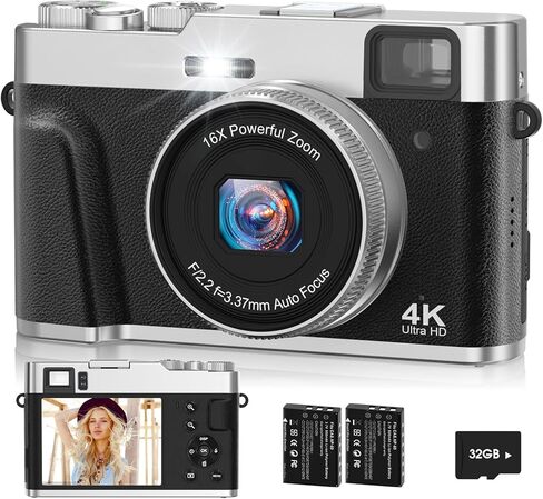 4K Digital Camera for Photography Autofocus, 48MP Vlogging Camera with Flash & Viewfinder, 16X Zoom Anti-Shake Compact Point and Shoot Camera for Travel, 32GB Card & 2 Batteries in Kuwait