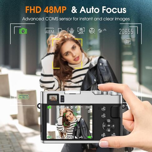 4K Digital Camera for Photography Autofocus, 48MP Vlogging Camera with Flash & Viewfinder, 16X Zoom Anti-Shake Compact Point and Shoot Camera for Travel, 32GB Card & 2 Batteries in Kuwait