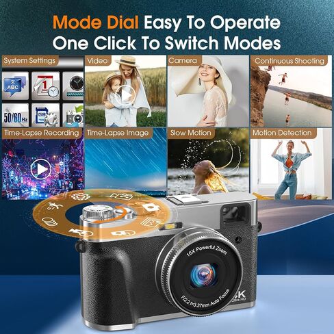 4K Digital Camera for Photography Autofocus, 48MP Vlogging Camera with Flash & Viewfinder, 16X Zoom Anti-Shake Compact Point and Shoot Camera for Travel, 32GB Card & 2 Batteries in Kuwait