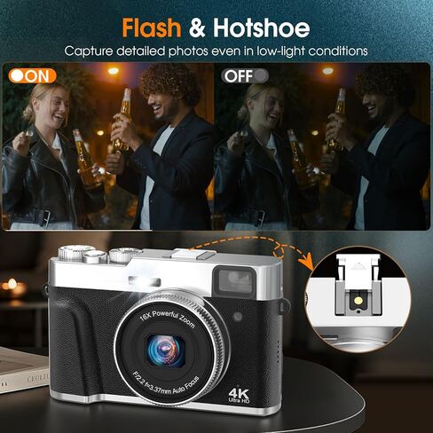 4K Digital Camera for Photography Autofocus, 48MP Vlogging Camera with Flash & Viewfinder, 16X Zoom Anti-Shake Compact Point and Shoot Camera for Travel, 32GB Card & 2 Batteries in Kuwait