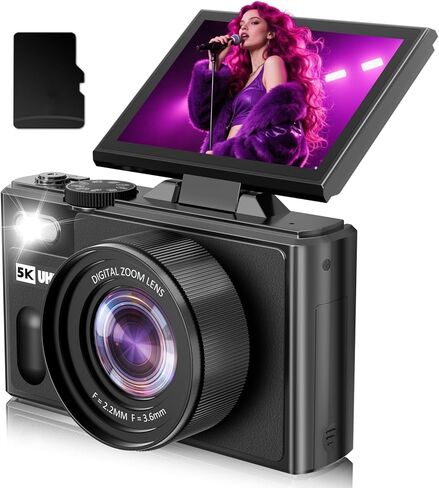 5K Digital Camera for Photography,80MP Digital Camera with 3" 180° Flip Screen with 18X Zoom,64GB SD Card,Travel Camera for YouTube with Anti-Shake,Vlogging Camera for Teens, Black in Kuwait
