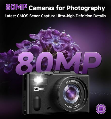 5K Digital Camera for Photography,80MP Digital Camera with 3" 180° Flip Screen with 18X Zoom,64GB SD Card,Travel Camera for YouTube with Anti-Shake,Vlogging Camera for Teens, Black in Kuwait