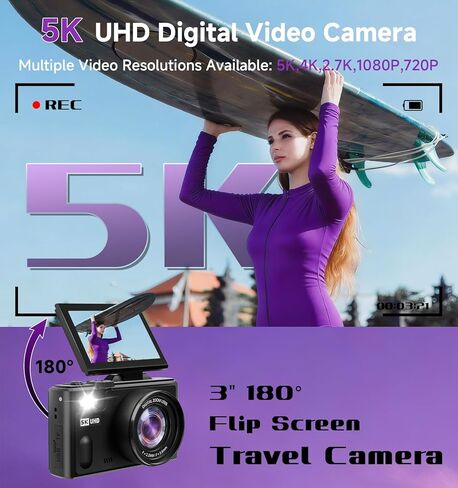 5K Digital Camera for Photography,80MP Digital Camera with 3" 180° Flip Screen with 18X Zoom,64GB SD Card,Travel Camera for YouTube with Anti-Shake,Vlogging Camera for Teens, Black in Kuwait