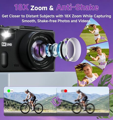 5K Digital Camera for Photography,80MP Digital Camera with 3" 180° Flip Screen with 18X Zoom,64GB SD Card,Travel Camera for YouTube with Anti-Shake,Vlogging Camera for Teens, Black in Kuwait
