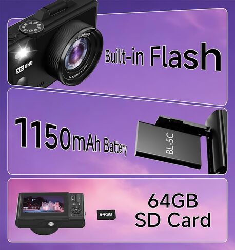 5K Digital Camera for Photography,80MP Digital Camera with 3" 180° Flip Screen with 18X Zoom,64GB SD Card,Travel Camera for YouTube with Anti-Shake,Vlogging Camera for Teens, Black in Kuwait