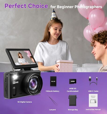 5K Digital Camera for Photography,80MP Digital Camera with 3" 180° Flip Screen with 18X Zoom,64GB SD Card,Travel Camera for YouTube with Anti-Shake,Vlogging Camera for Teens, Black in Kuwait