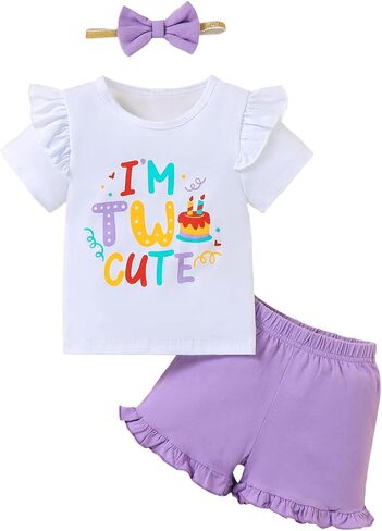 Baby Girl 2nd Birthday Outfit Toddler Girl I'm Two Cute Print Ruffle Short Sleeve Top and Shorts Set in Saudi Arabia