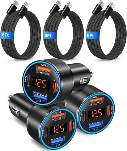شاحن سيارة 65 واط 4 منافذ USB C فائق السرعة من النوع C لهاتف Galaxy S25/S24/S23/S22 Ultra/iPhone 17/16/15، 3 عبوات QC&PD 3.0 شحن سريع شاحن هاتف Android للسيارة ومحول ولاعة سجائر + كابل USB-C بطول 6 أقدام in Kuwait