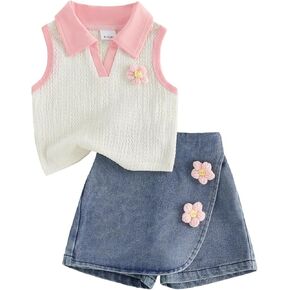 Toddler Baby Girl Summer Denim Outfits Jeans Shorts Tops Shorts Set Outfit Flower T-shirt with Denim Shorts in Kuwait