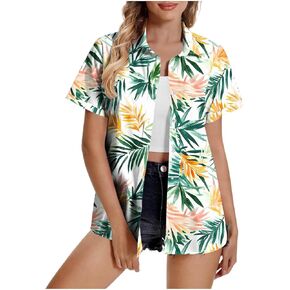 Hawaiian Button Down Shirts for Women Tropical Floral Printed Short Sleeve Collared Shirt Summer Beach Vacation Blouses in Kuwait