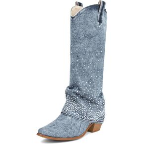 Seborluys Rhinestone Denim Fold Over Knee High Boots for Women Blue Chunky Heel Sparkly Cowgirl Jean Boots Slouchy Pointed Toe Pull On Fashion Western Boot in Kuwait
