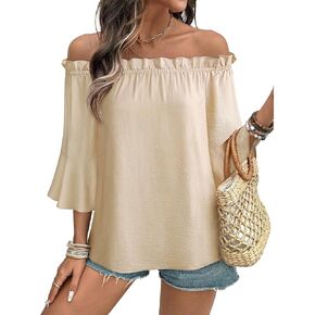 Gaharu Womens Off The Shoulder Tops Boho Blouse Sexy Summer Tops Linen Shirts Ruffle Sleeve Dressy Casual Blouses in Kuwait