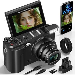 2026 ترقية كاميرا رقمية بدقة 4K للتصوير الفوتوغرافي، وكاميرا تسجيل فيديو بدقة 88 ميجابكسل لليوتيوب مع شاشة قلاب 3 بوصات بزاوية 180 درجة، ونقطة تكبير بصري 24X والتقاط كامارا مع بطاقة Micro SD سعة 32 جيجابايت للمبتدئين (أسود) in Kuwait