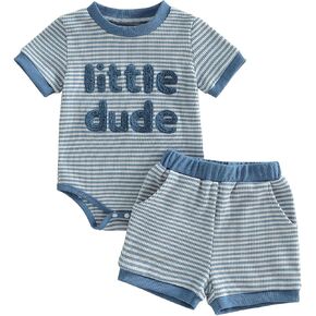 Little Dude Baby Boy Outfit​ Summer Newborn 3 6 9 12M Striped Short Sleeve Romper Shorts Set Waffle Knit Clothes in Saudi Arabia
