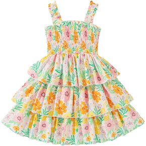 Toddler Girl Dress Summer Outfits Kids Ruffle Floral Smocked Straps Dresses Casual Sundress for Girls 2-8T in Kuwait