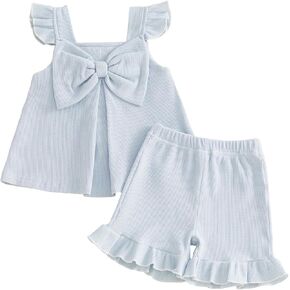Toddler Baby Girl Summer Outfit Cute Bow Flutter Sleeve Ruffle Tops Dress Shorts Outfits Set 6M-4T in Kuwait
