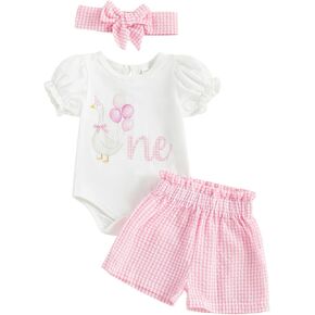 Baby Girl Birthday Outfit One Silly Goose Strawberry Romper Puff Short Sleeve Onesie Plaid Shorts Set 3Pcs Clothes in Kuwait