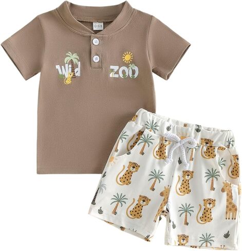 Toddler Baby Boy Outfits Safari Wild Animal Print Clothes Short Sleeve Shirts Top Shorts 2pcs Clothing Set Summer in Saudi Arabia
