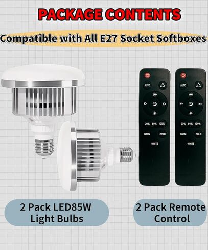 2 حزمة 85W LED 2700-6500K مصباح التصوير الفوتوغرافي، جهاز التحكم عن بعد 3 ألوان أبيض / بارد / ضوء دافئ، E27 قاعدة سوفت بوكس ​​أضواء صور فيديو استوديو الإضاءة in Kuwait