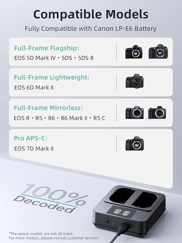 شاحن بطارية سريع 20 وات LP-E6P من llano - فتحة مزدوجة لكاميرات Canon EOS R5,R5 C R6 Mark II, 5D 6D 7D Mark II III IV, 5DS, 60D, 70D, 80D, 90D، مدخلات USB-C وMicro-USB، شاشة LED ذكية in Kuwait