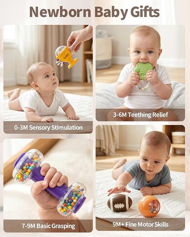 Jovow 11-Piece Sports Baby Rattles & Teether Toys with Soft Gym Bag, Infant Sensory Grasping Shakers, Early Development Set for Newborns 0-6 6-12 Months in Kuwait