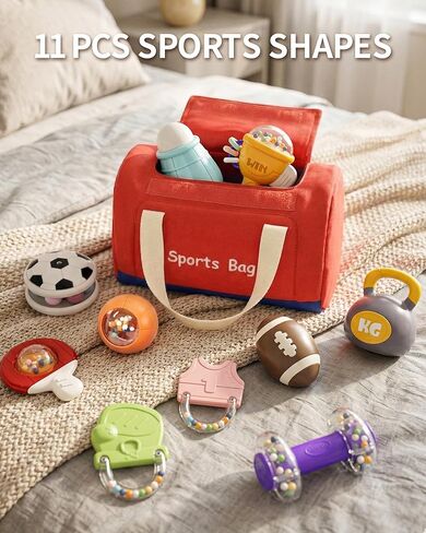 Jovow 11-Piece Sports Baby Rattles & Teether Toys with Soft Gym Bag, Infant Sensory Grasping Shakers, Early Development Set for Newborns 0-6 6-12 Months in Kuwait