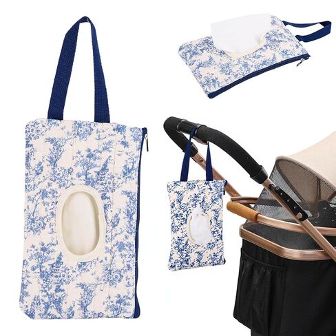 Quilted Baby Wipe Holder, Canvas Floral Quilted Pouch with Hanging Strap, Portable Diaper Wipe Holder for Travel Stroller-Polka Dots in Kuwait