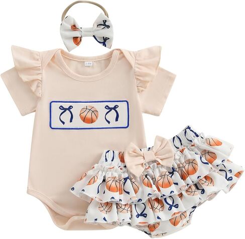 Baby Girl Basketball Outfits Short Sleeve Bow Basketball Print Romper Tutu Skirt Headband Newborn Summer Clothes in Kuwait