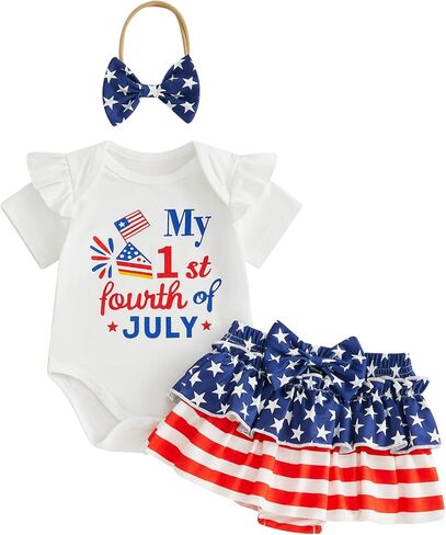 My First 4th of July Baby Girl Outfits Cute Short Sleeve Romper Popsicle/Firework Print Dress Skirt Headband Sets in Saudi Arabia