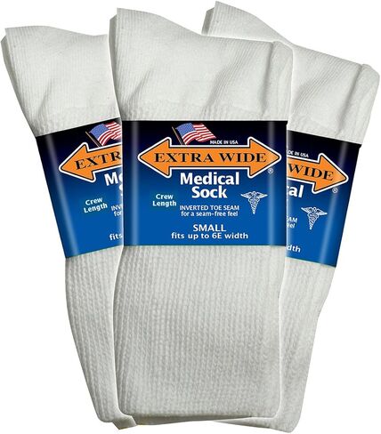 Extra Wide Medical Mid Calf Crew (Pack of 3), Diabetic Socks, Made in USA, for Men and Women (Large, White) in Saudi Arabia