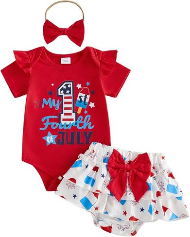 My First 4th of July Baby Girl Outfits Cute Short Sleeve Romper Popsicle/Firework Print Dress Skirt Headband Sets in Saudi Arabia
