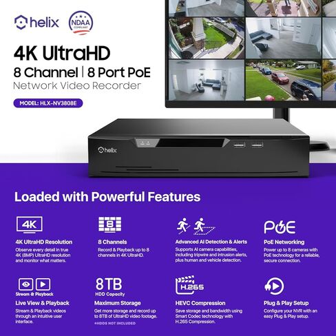 نظام كاميرا مراقبة Helix 5MP POE خارجي، 8CH POE NVR، 4 قطع كاميرات رصاصة 5MP، كاميرات IP رصاصة معدنية IP66، ميكروفون مدمج، القرص الصلب غير متضمن، HLX-NV3808E-B102EW-AI4 in Saudi Arabia