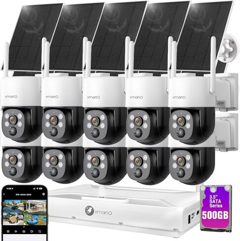 xmartO Wireless Solar PTZ Security Camera System, 10-Cam Bundle, 4MP QHD, 4K 10CH Expandable WiFi NVR, All-Weather Solar Charge, Two-Way Audio, PIR Sensor, No Monthly Fee, 500GB in Kuwait