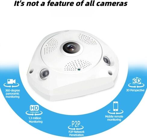 360° Panoramic Fisheye Security Camera, 1280x960 HD WiFi IP Camera, Night Vision, Motion Detection, 2-Way Audio, Remote View, Ceiling Mount Indoor Surveillance Camera for Home Office in Kuwait