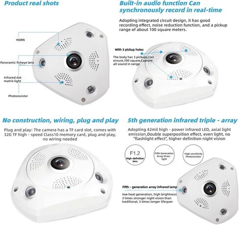 360° Panoramic Fisheye Security Camera, 1280x960 HD WiFi IP Camera, Night Vision, Motion Detection, 2-Way Audio, Remote View, Ceiling Mount Indoor Surveillance Camera for Home Office in Kuwait