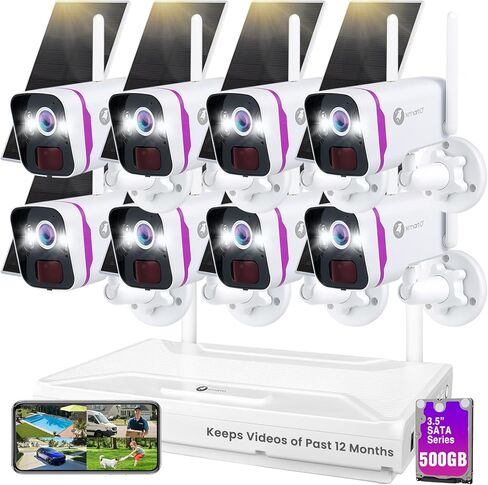 نظام كاميرا أمان لاسلكي xmartO Solar، 10CH 4K واي فاي قابل للتوسيع 6 NVR 8 * 4MP 2K كاميرات خارجية، طاقة شمسية مقاومة للطقس، IR&Color NV، شبكة WiFi طويلة المدى، فيديو مجاني لمدة عامين، بدون رسوم شهرية in Kuwait