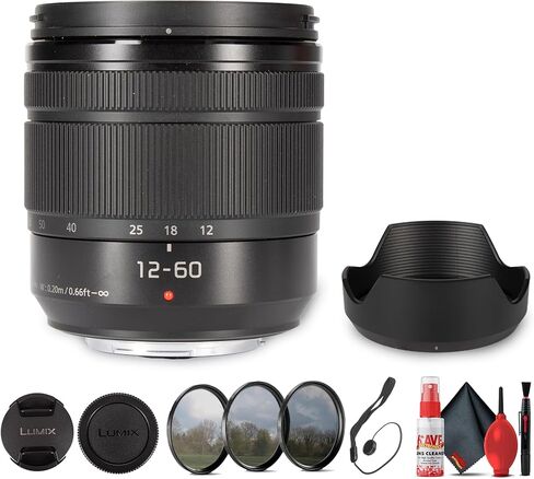 باناسونيك لوميكس جي فاريو 12-60 ملم f/3.5-5.6 ASPH. قوة O.I.S. عدسة لـ Micro Four Thirds 24-120 مم تقريب مكافئ للتثبيت البصري ثنائي I.S. متوافق + فلتر + طقم تنظيف (حزمة من 4 عناصر) in Kuwait
