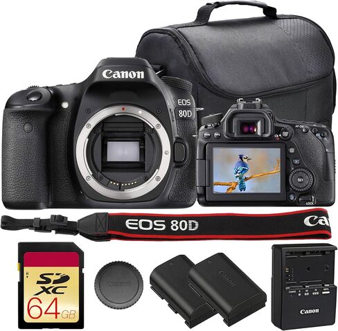 حزمة كاميرا Canon EOS 80D DSLR | مستشعر APS-C بدقة 24.2 ميجابكسل، والتركيز البؤري التلقائي CMOS ثنائي البكسل، ومعالج DIGIC 6 وشاشة لمس متغيرة الزاوية | رائع للفيديو ومدونات الفيديو (1263C004) + بطاقة سعة 64 جيجابايت + حقيبة كاميرا + بطارية in Kuwait