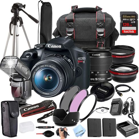 حزمة كاميرا Canon EOS Rebel T7 مع عدسة تكبير EF-S مقاس 18-55 مم مع بطاقة سرعة فائقة سعة 128 جيجابايت، وحقيبة كاميرا، وحامل ثلاثي القوائم، وTTL Speedlite، وبطارية احتياطية، ومجموعة مرشح، والمزيد (حزمة Extreme Pro)، أسود (متجدد) in Kuwait