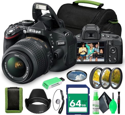 Nikon D5100 SLR Camera with 18-55mm f/3.5-5.6G VR Lens Bundle, Vari-Angle LCD, 16.2MP DX Sensor for Beginner to Advanced Photography (25478) + 64GB Card + Camera Bag + More (20pc Kit) in Kuwait