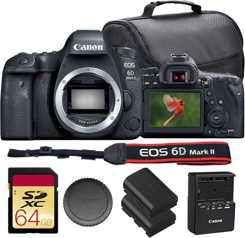 حزمة كاميرا Canon EOS 6D Mark II DSLR | مستشعر كامل الإطار 26.2 ميجابكسل، Dual Pixel CMOS AF، شاشة لمس متغيرة الزاوية وفيديو عالي الدقة | رائع للصور الشخصية والسفر (1897C002) + بطاقة سعة 64 جيجابايت + حقيبة + بطارية in Kuwait